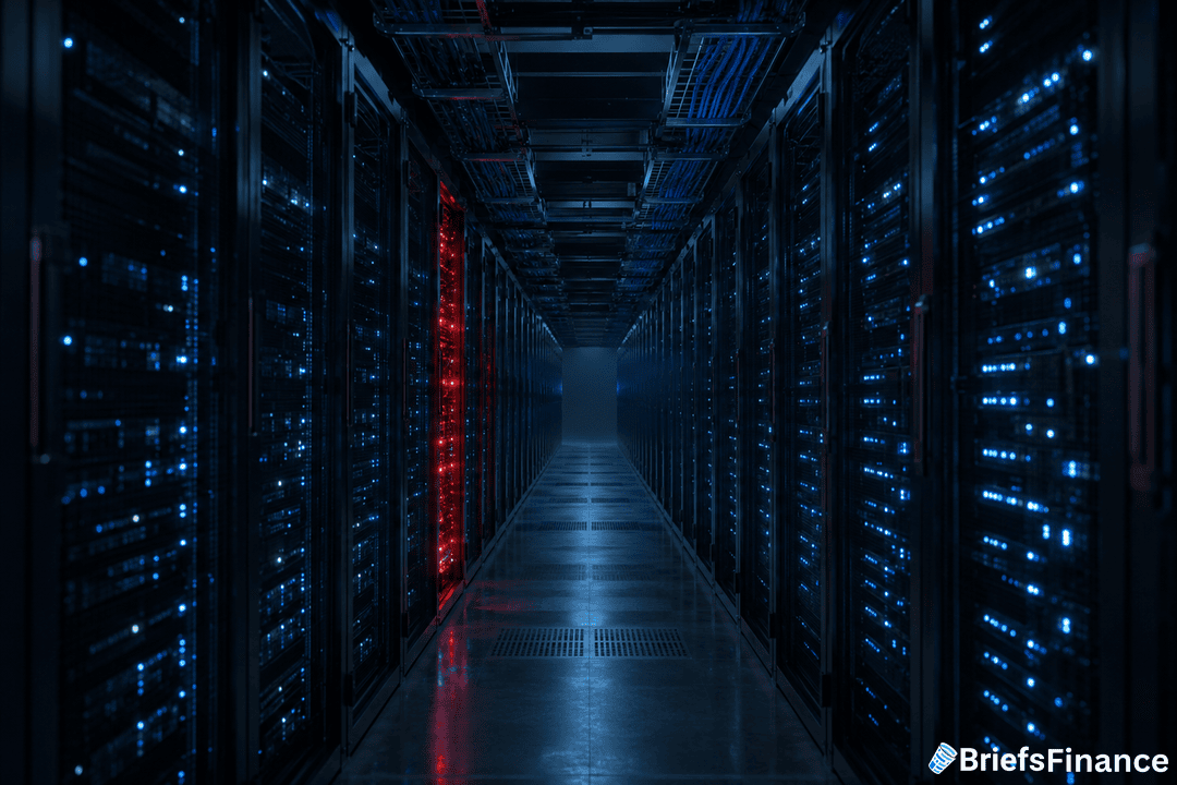 A dimly lit data center aisle with rows of server racks; most racks emit blue light, but one rack on the left glows red. The BriefsFinance logo appears in the bottom right corner.