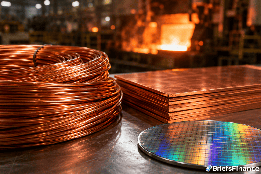 Coiled copper wire, stacked copper sheets, and a silicon wafer on a table in an industrial factory with molten metal in the background. “BriefsFinance” logo is in the lower right corner.