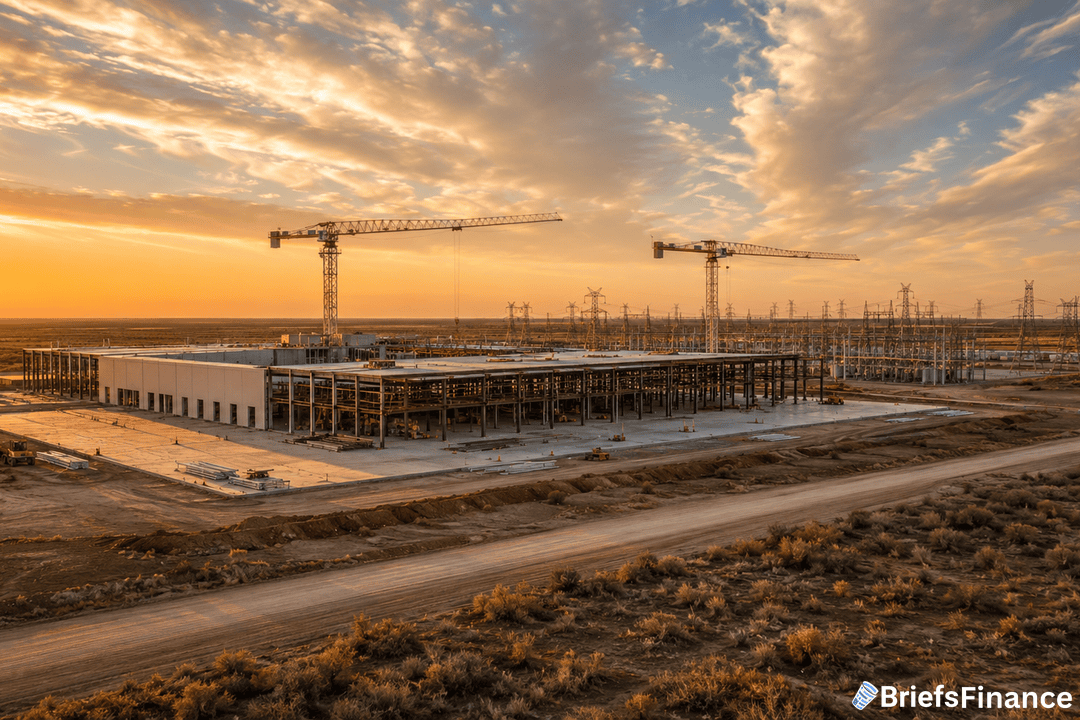 A large industrial building under construction with two tall cranes and steel framework, set against a sunset sky in a wide, open landscape. The BriefsFinance logo is visible in the lower right corner.