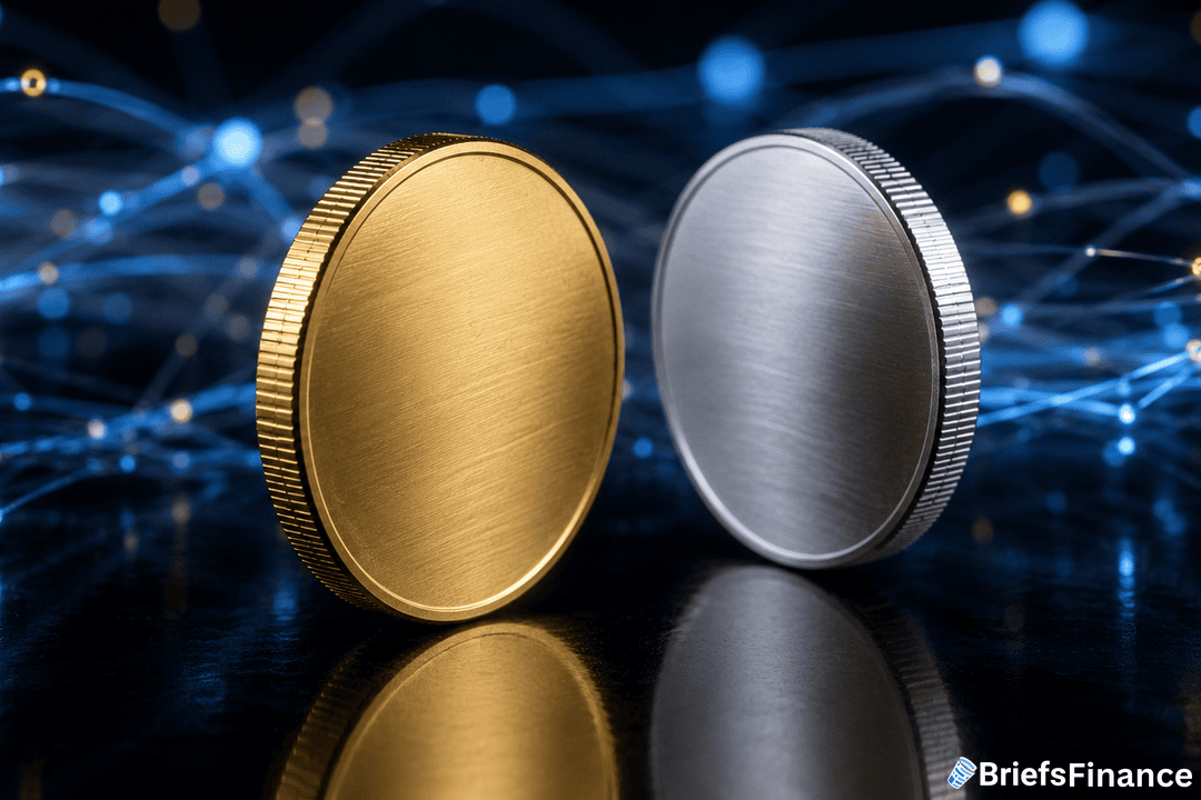 Two blank coins, one gold and one silver, stand upright on a reflective surface with blue abstract light lines in the background. The BriefsFinance logo appears in the bottom right corner.