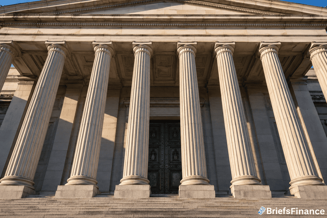 A neoclassical building with large stone columns and a wide staircase in front, bathed in sunlight. The building features ornate detailing above the columns and tall, closed green doors.
