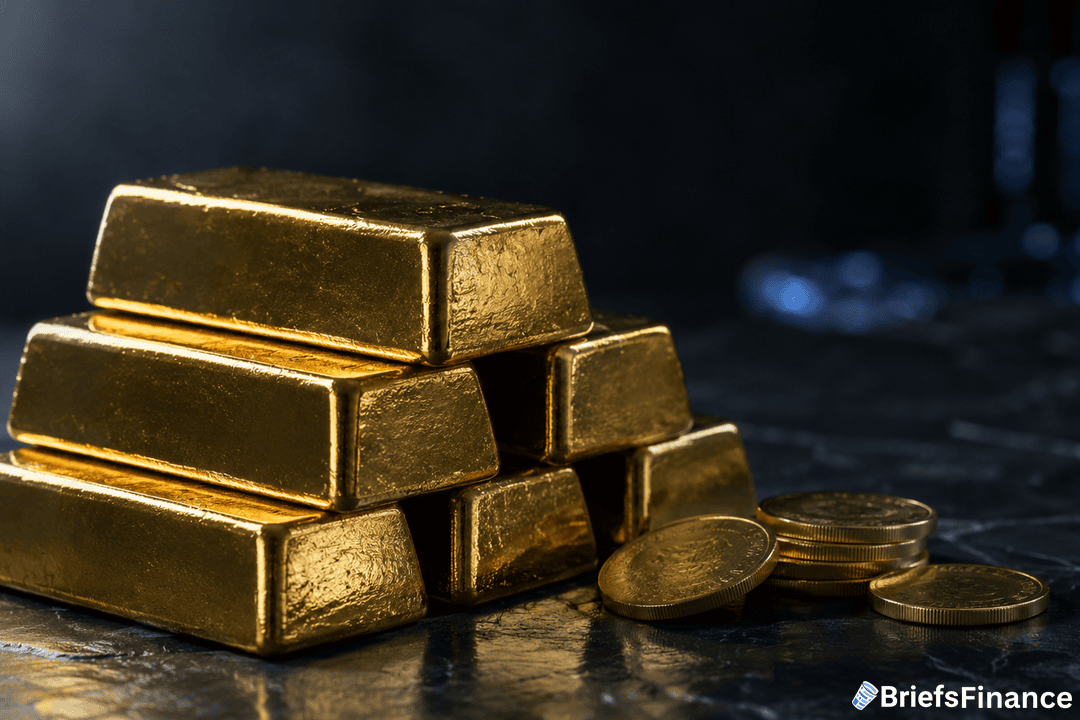 A stack of shiny gold bars and several gold coins are arranged on a dark, reflective surface. The BriefsFinance logo appears in the bottom right corner.