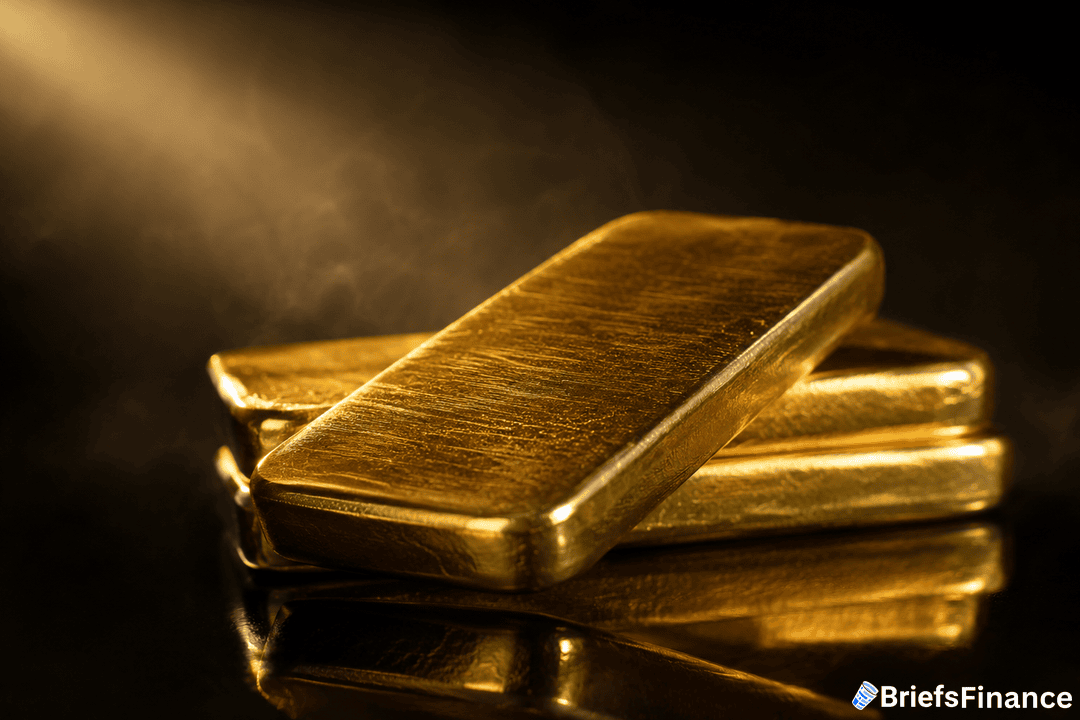 Three shiny gold bars are stacked on a reflective dark surface with a warm light shining on them. The BriefsFinance logo is visible in the bottom right corner.