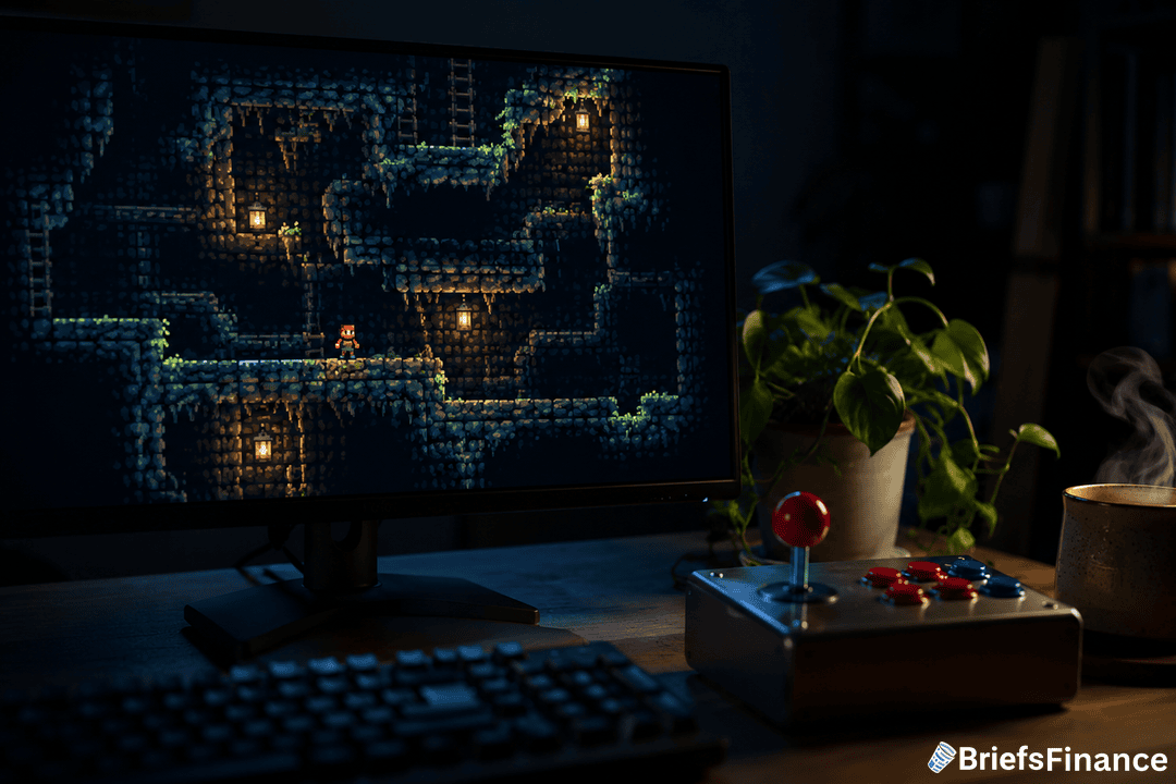 A computer monitor displays a pixel art cave game. In front of it is an arcade joystick controller, a potted plant, and a steaming mug. The scene appears dimly lit and cozy, with BriefsFinance logo in the corner.