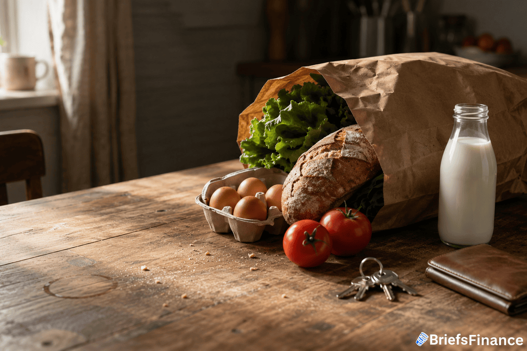 A paper grocery bag on a wooden table with lettuce, a loaf of bread, eggs, tomatoes, a glass bottle of milk, a wallet, and keys. Sunlight streams in from a window. BriefsFinance logo is in the bottom right corner.