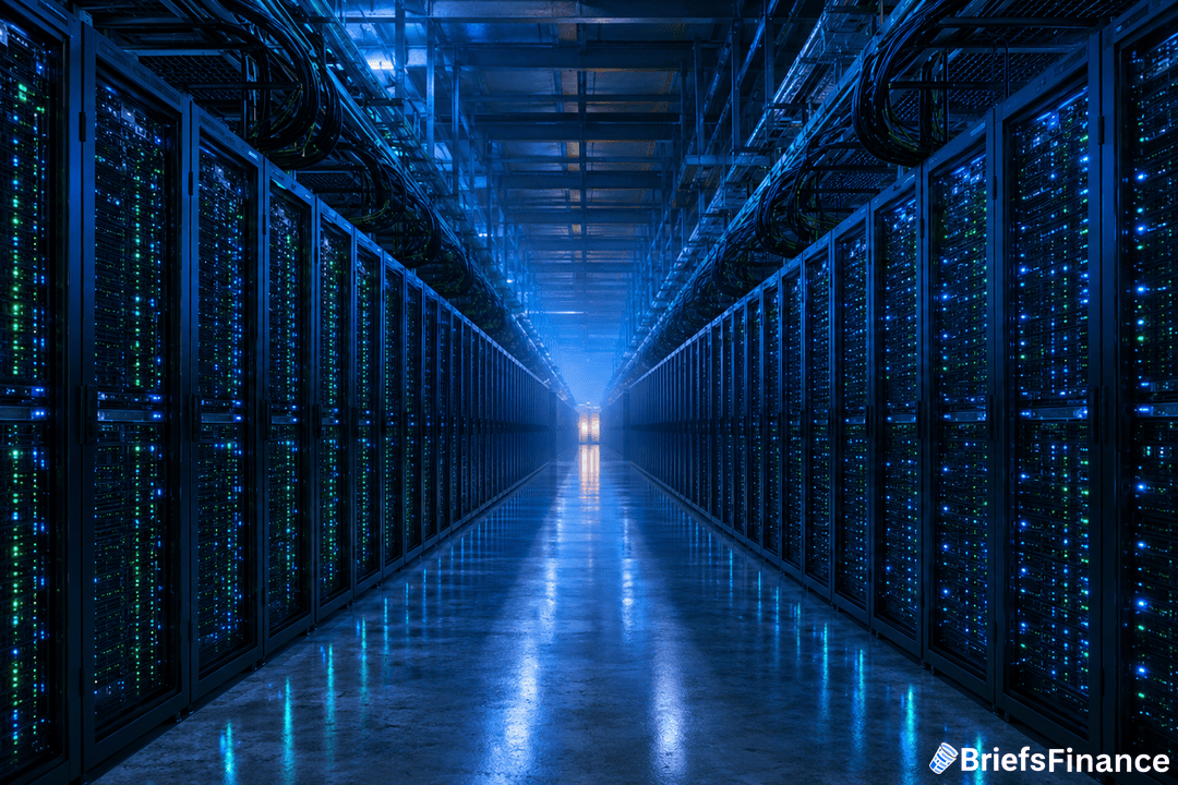 A brightly lit data center aisle with rows of server racks on both sides, displaying green and blue indicator lights. The floor is reflective, and a soft blue glow illuminates the corridor. BriefsFinance logo is in the corner.