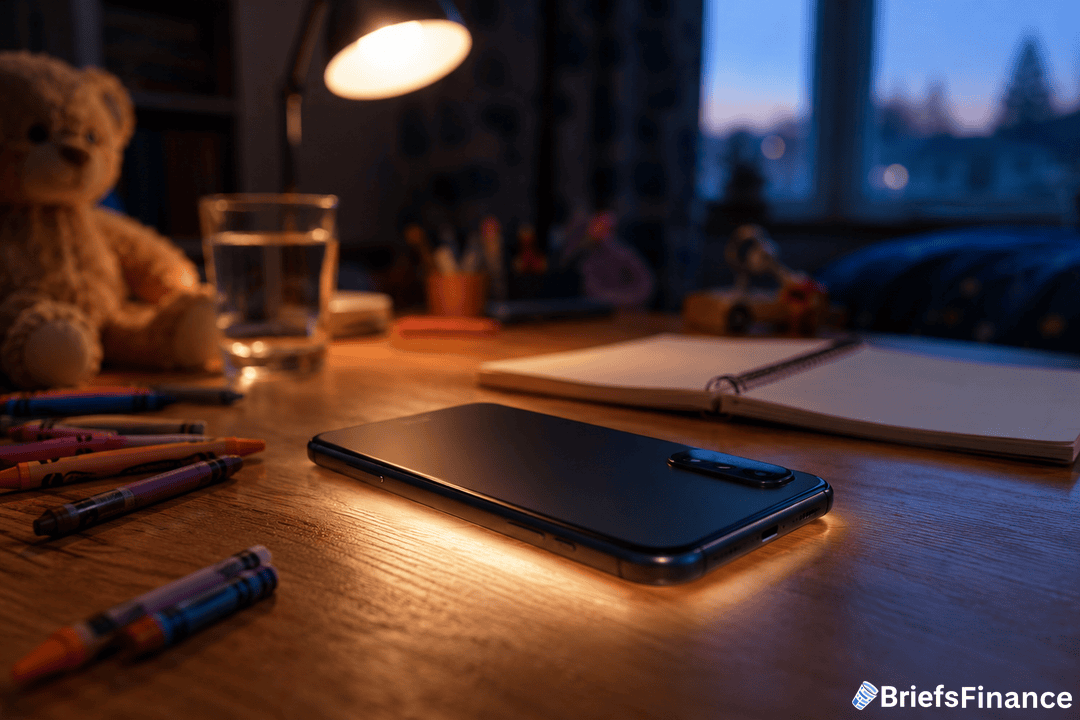 A smartphone lies on a wooden desk lit by a lamp, surrounded by crayons, a notebook, a glass of water, and a teddy bear, with a window showing evening light in the background. BriefsFinance logo is in the corner.