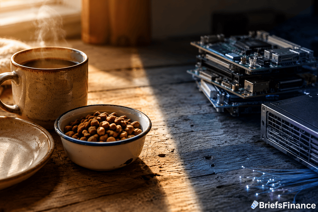 A cup of coffee, a bowl of snacks, and a plate sit on a wooden table beside stacked computer circuit boards and a server, with sunlight streaming in. The BriefsFinance logo is in the bottom right corner.