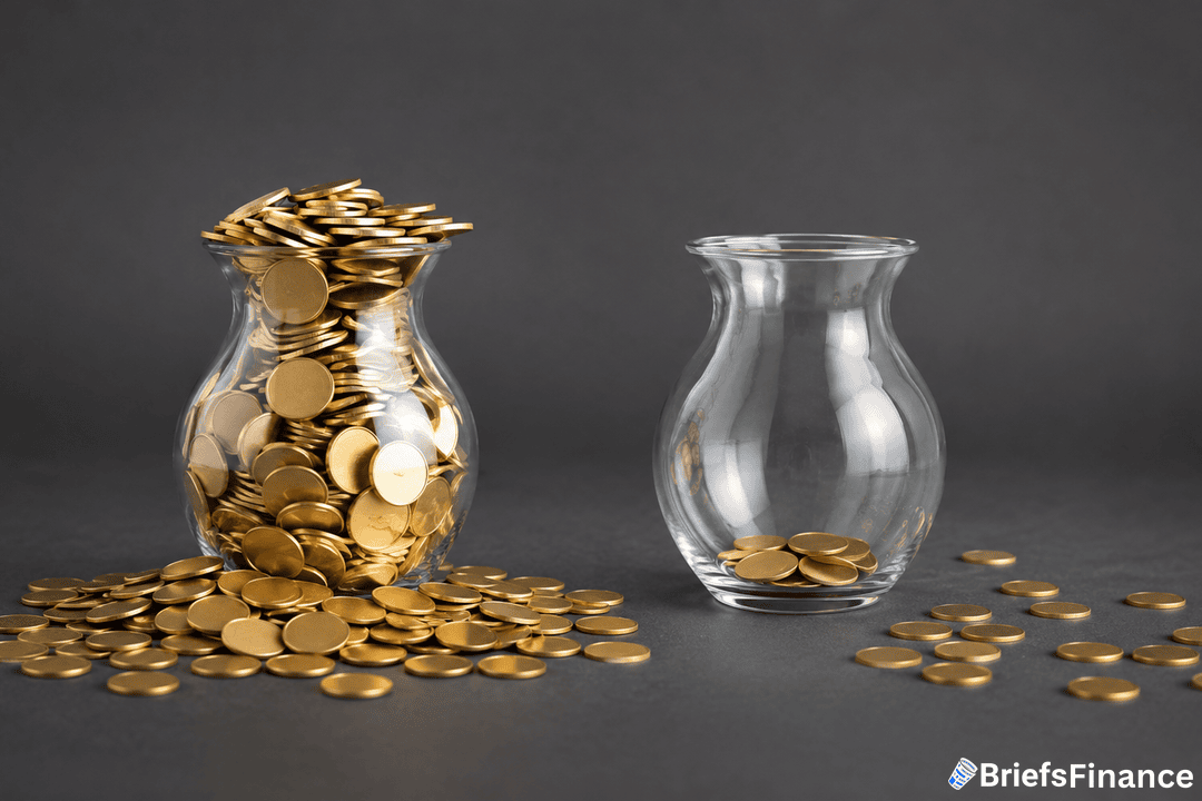 Two glass jars on a dark surface: one is overflowing with gold coins, some spilling out, while the other jar has only a few coins inside and scattered around it. BriefsFinance logo is in the bottom right corner.