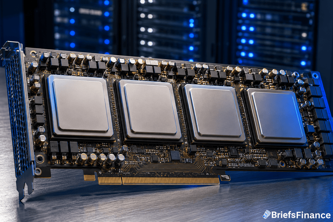 A close-up of a large computer processor card with four visible chips, positioned on a metallic surface. Blurred server racks with blue lights appear in the background. The image is branded with the BriefsFinance logo.