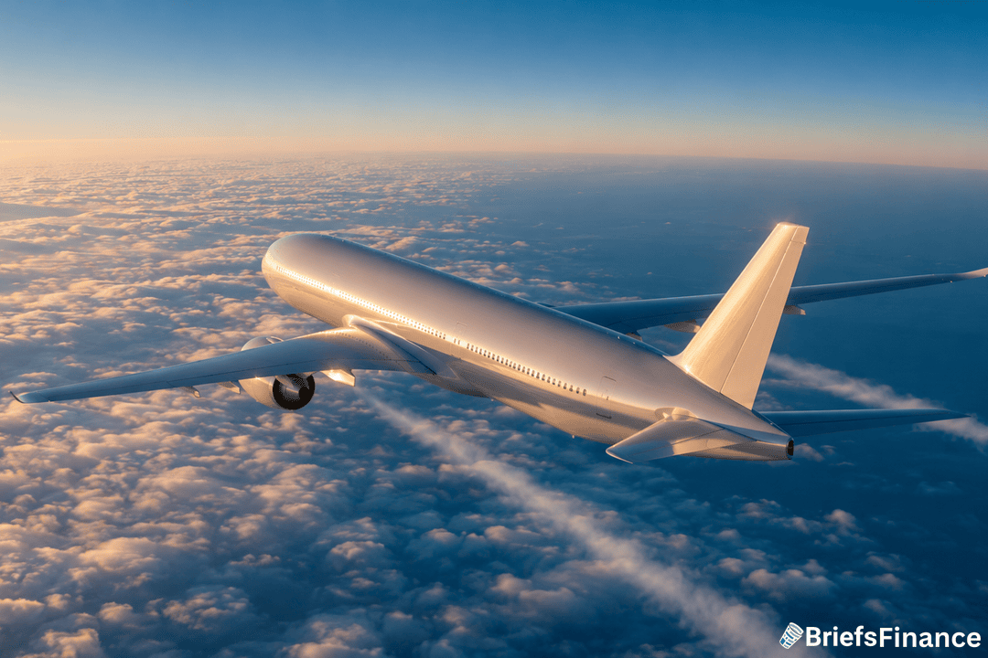 A large commercial airplane flies above the clouds at sunset, casting a shadow on the cloud tops. The BriefsFinance logo appears in the bottom right corner.