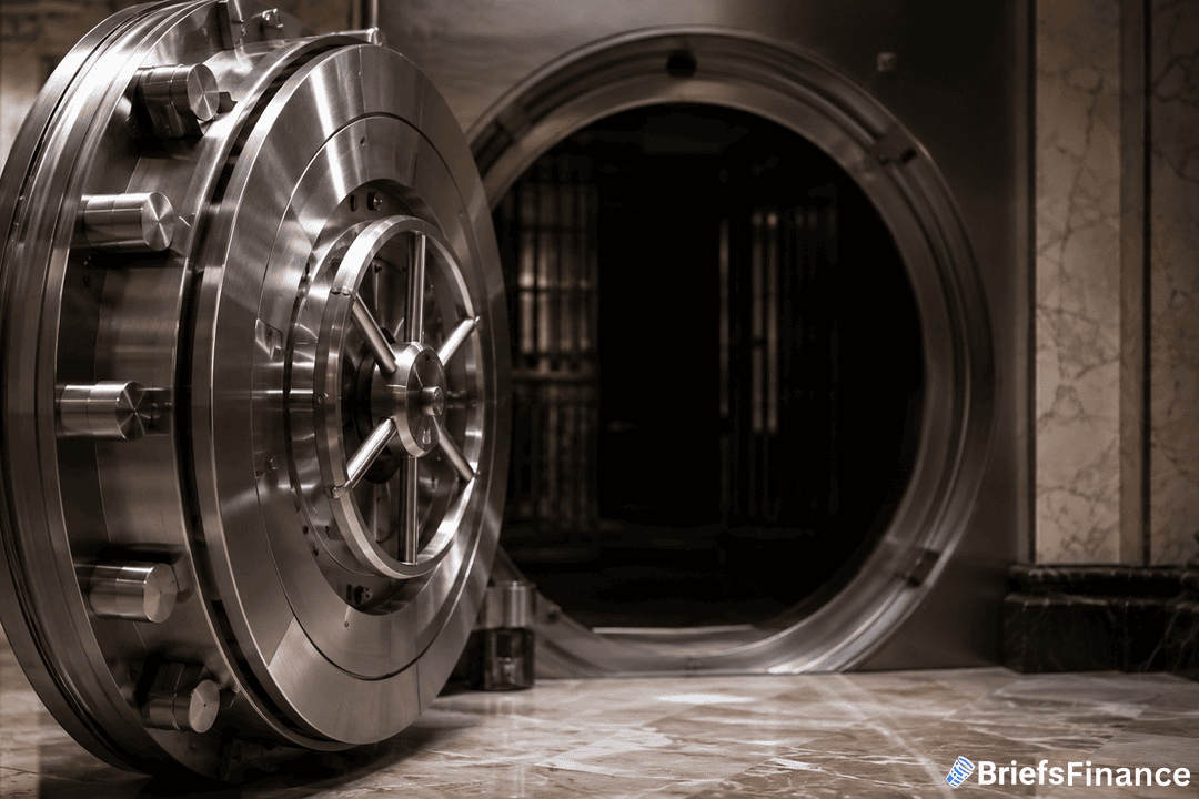 A large steel bank vault door is open, revealing the interior of the secure vault. The room has marble walls and polished metal surfaces. The BriefsFinance logo appears in the bottom right corner.