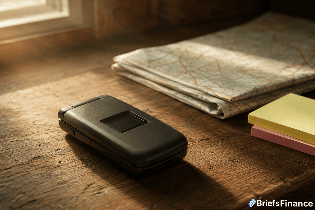 A black flip phone rests on a wooden table beside a folded map, sticky notes, and sunlight streaming through a window; BriefsFinance logo is in the corner.