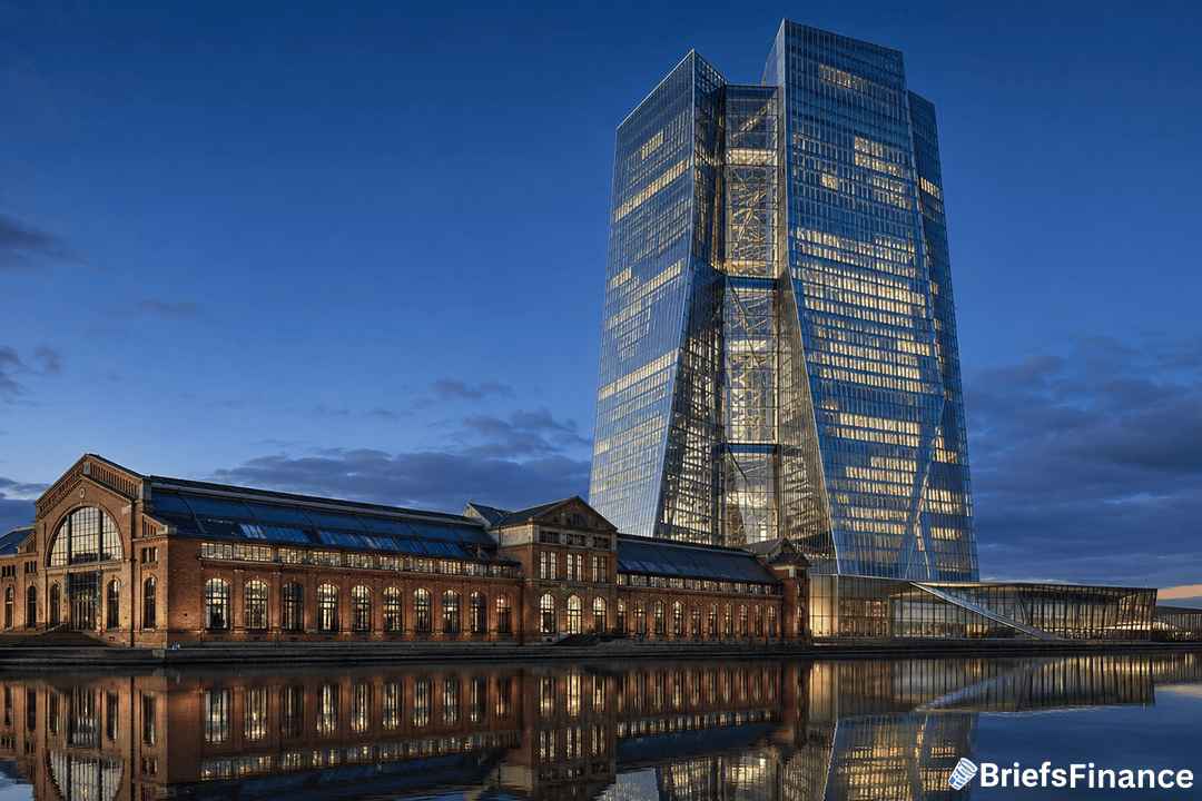 Modern glass skyscraper next to a historic brick building, both reflected in calm water at dusk, with a blue sky and clouds in the background. BriefsFinance logo appears in the bottom right corner.
