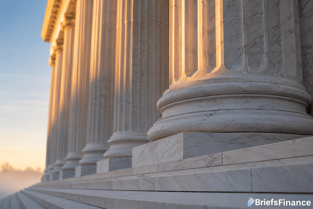 Close-up view of tall marble columns on the steps of a grand building, illuminated by warm sunlight, with a logo reading BriefsFinance in the bottom right corner.
