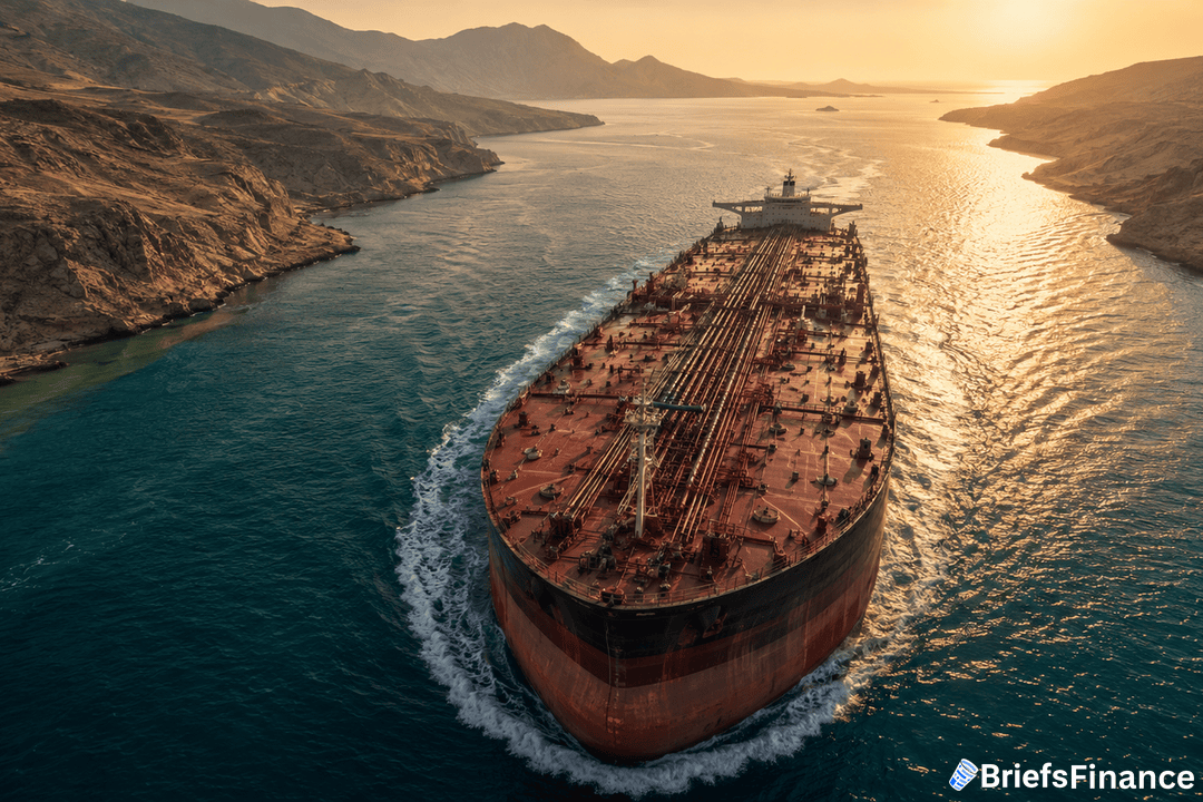 An aerial view of a large oil tanker ship sailing through a narrow strait between rocky mountains at sunset, with the sun reflecting off the water. The BriefsFinance logo appears in the bottom right corner.