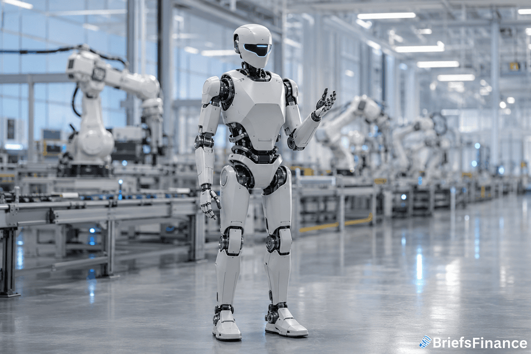 A humanoid robot with a white and black design stands in a modern, high-tech factory surrounded by automated robotic arms and assembly lines. The setting is bright and industrial.