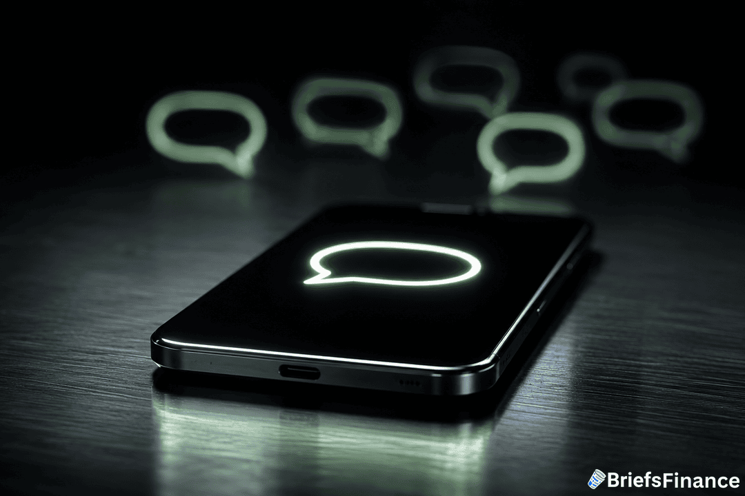 A smartphone lying on a dark surface displays a glowing chat bubble icon, with several blurred chat bubbles in the background. The image features the BriefsFinance logo in the bottom right corner.