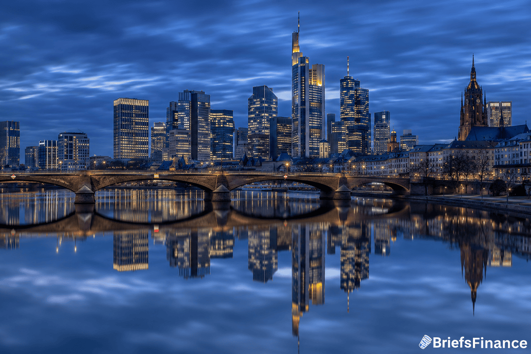 A city skyline at dusk with modern skyscrapers and a historic bridge reflected in a calm river, under a dramatic, cloudy blue sky. The BriefsFinance logo appears in the bottom right corner.