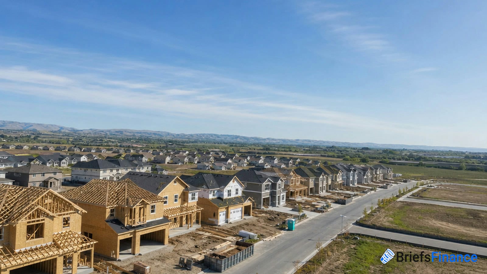Aerial view of a suburban neighborhood with completed houses and some under construction along a paved road, surrounded by open land and hills.