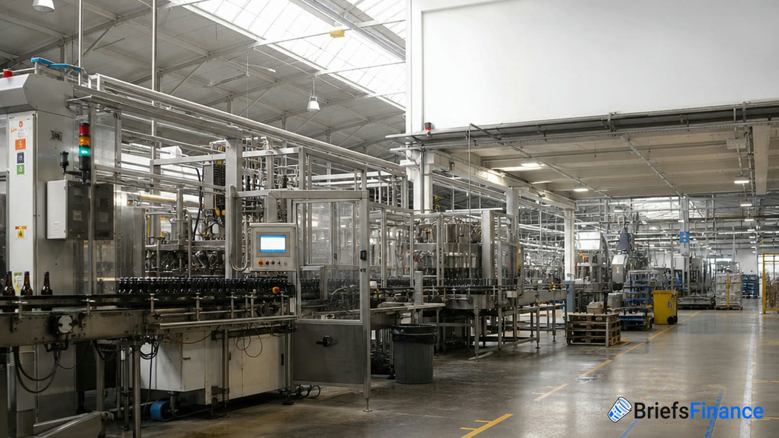 A modern industrial bottling plant with automated machinery and conveyor belts inside a spacious, well-lit factory.