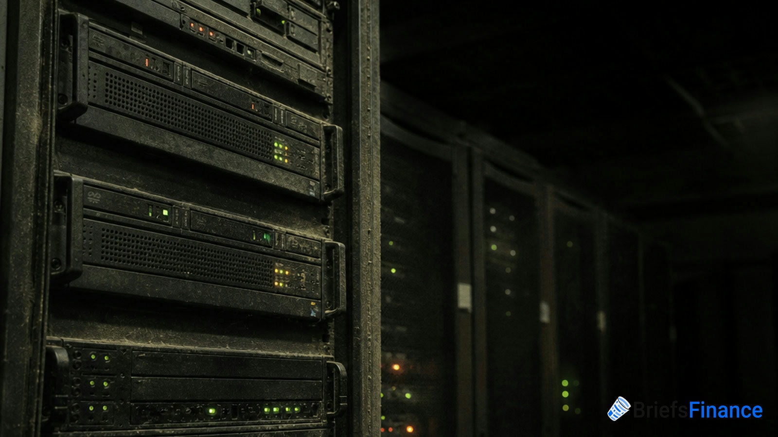 A row of black server racks with indicator lights in a dimly lit server room; Briefs Finance logo appears in the lower right corner.