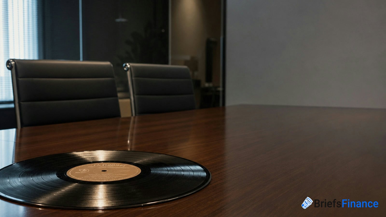 A vinyl record sits on a wooden conference table in a modern office meeting room with two black chairs.