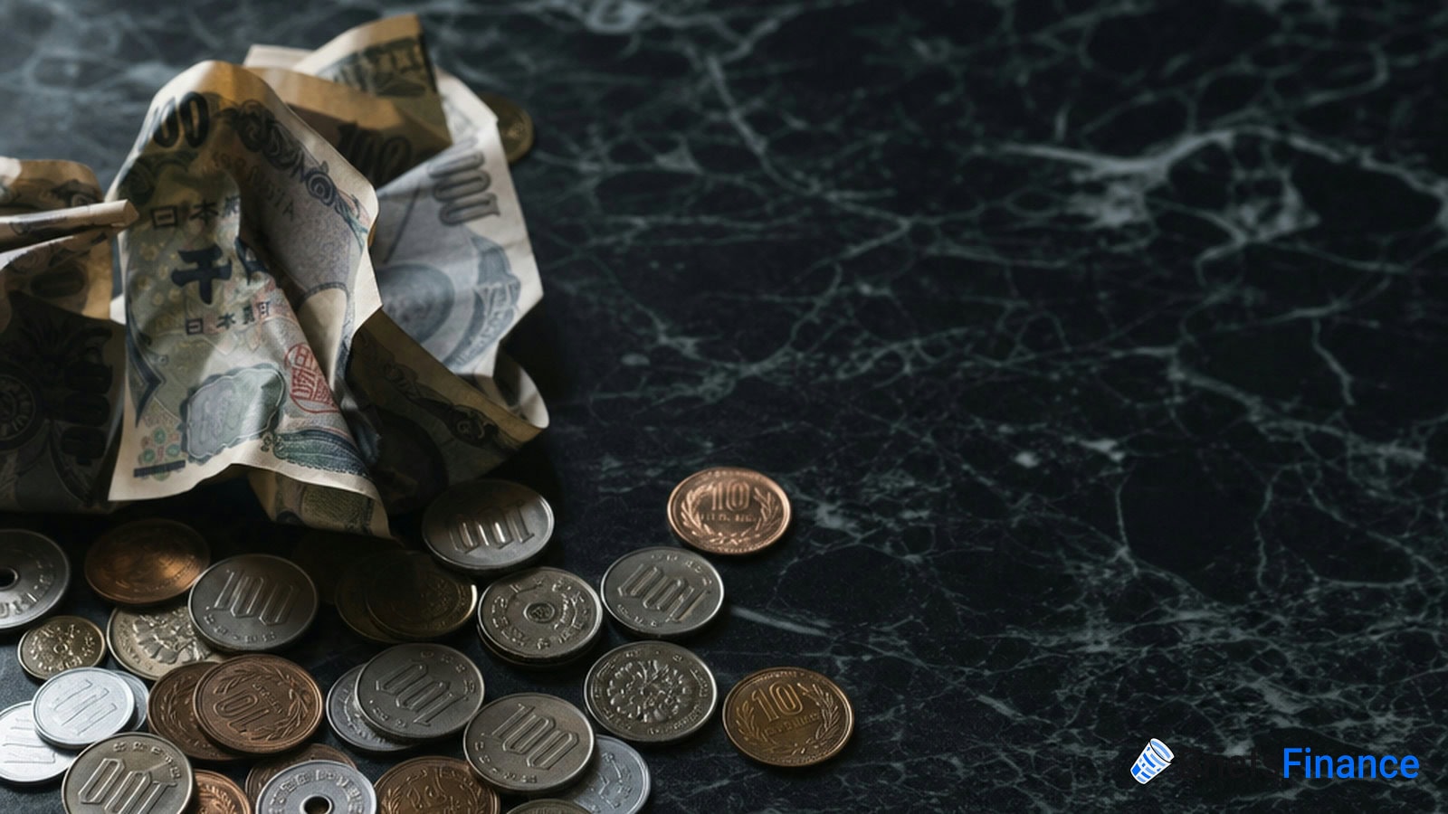 Japanese yen coins and bills are scattered on a black marble surface, with the word "Finance" in blue text in the bottom right corner.