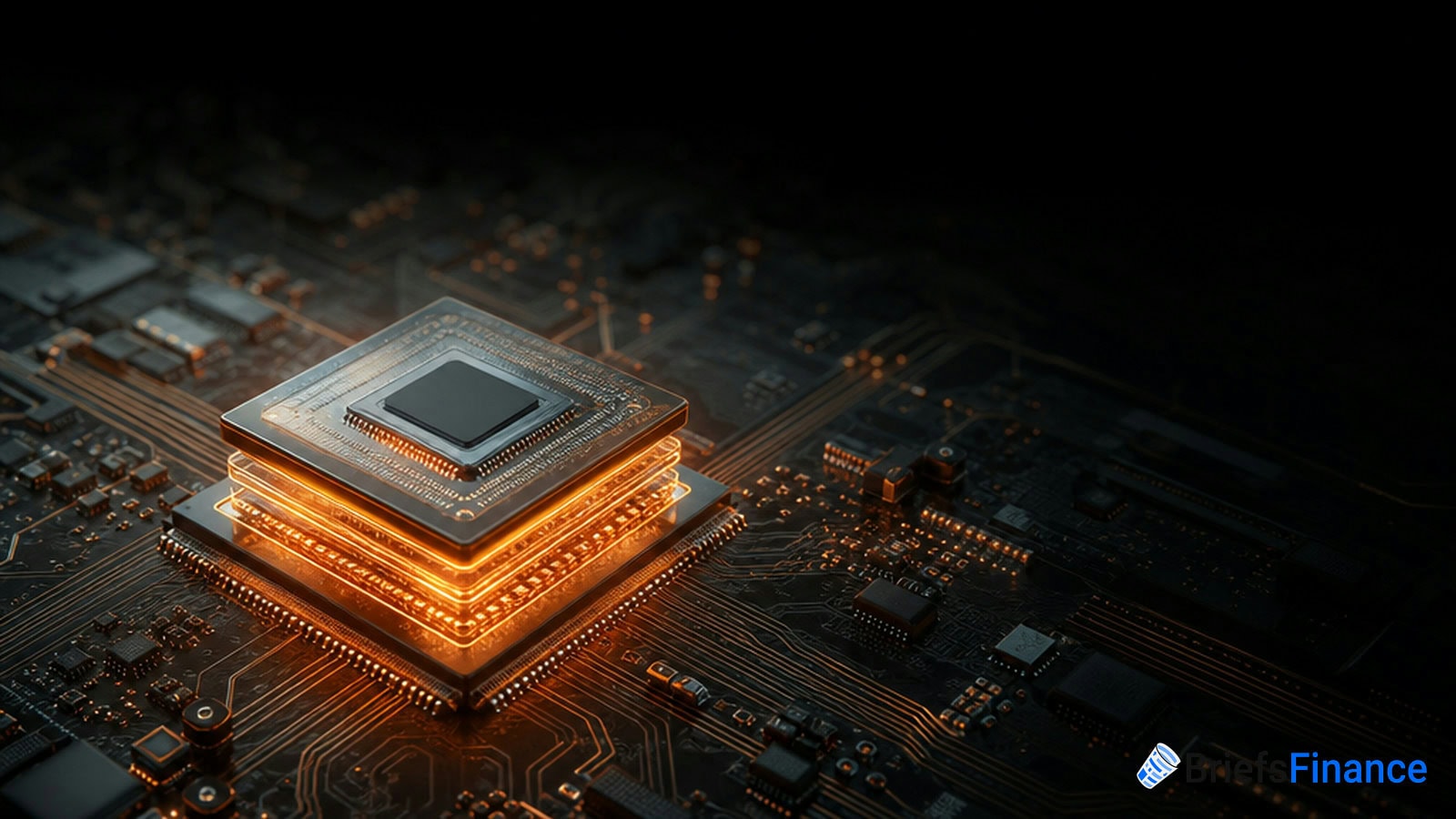 A glowing computer microchip sits atop a circuit board, illuminated with orange light, depicting advanced technology and digital processing.