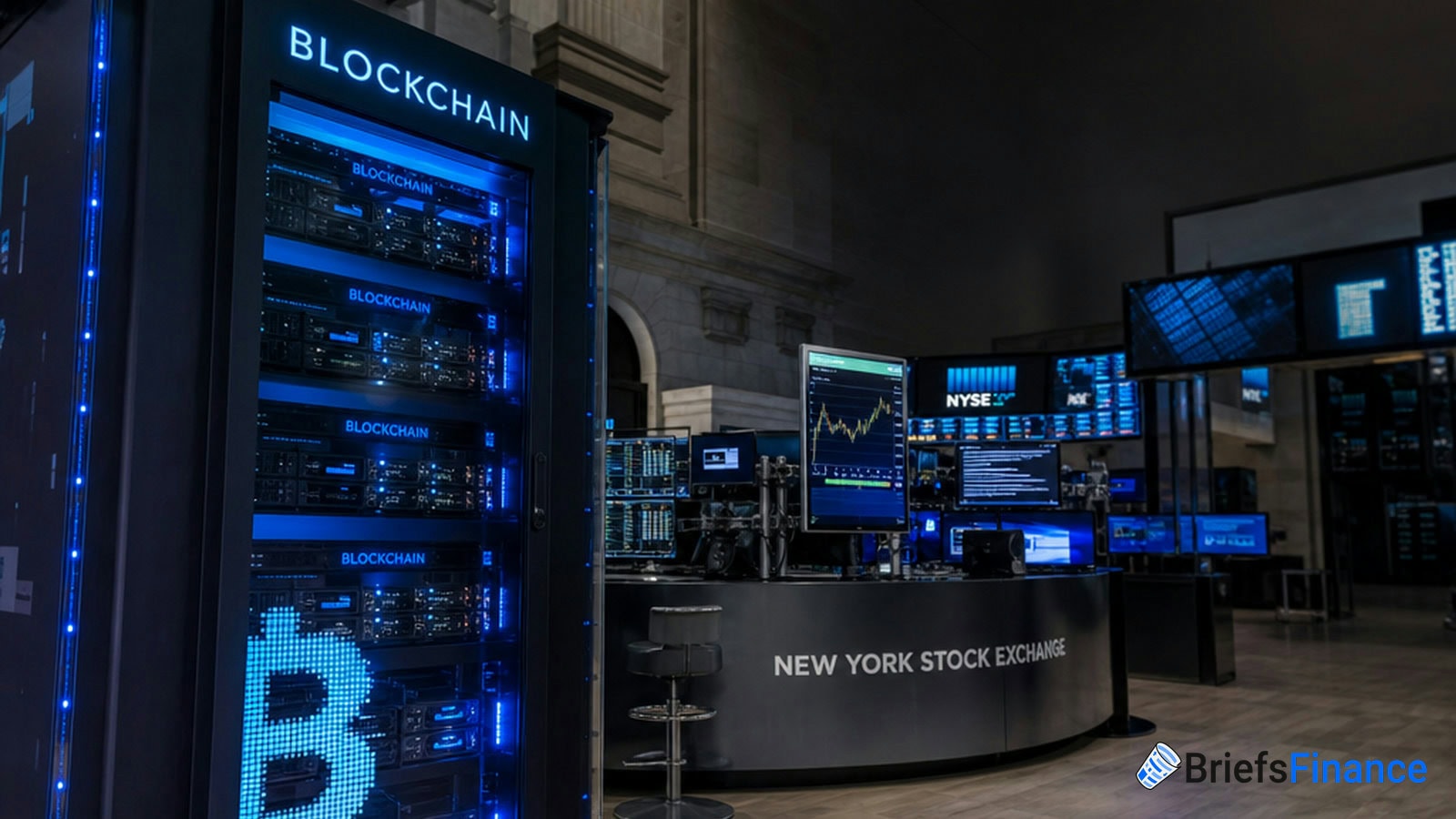 A modern trading floor at the New York Stock Exchange features blockchain servers, digital monitors, and financial data displays.