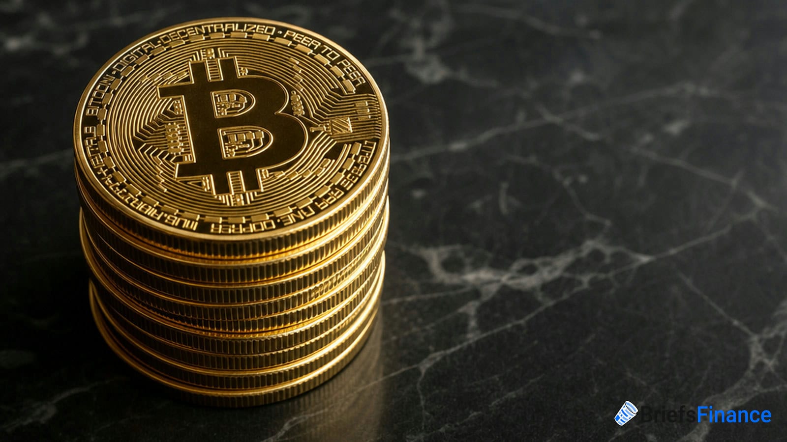 Stack of physical coins with the Bitcoin symbol on a dark marble surface, representing cryptocurrency.