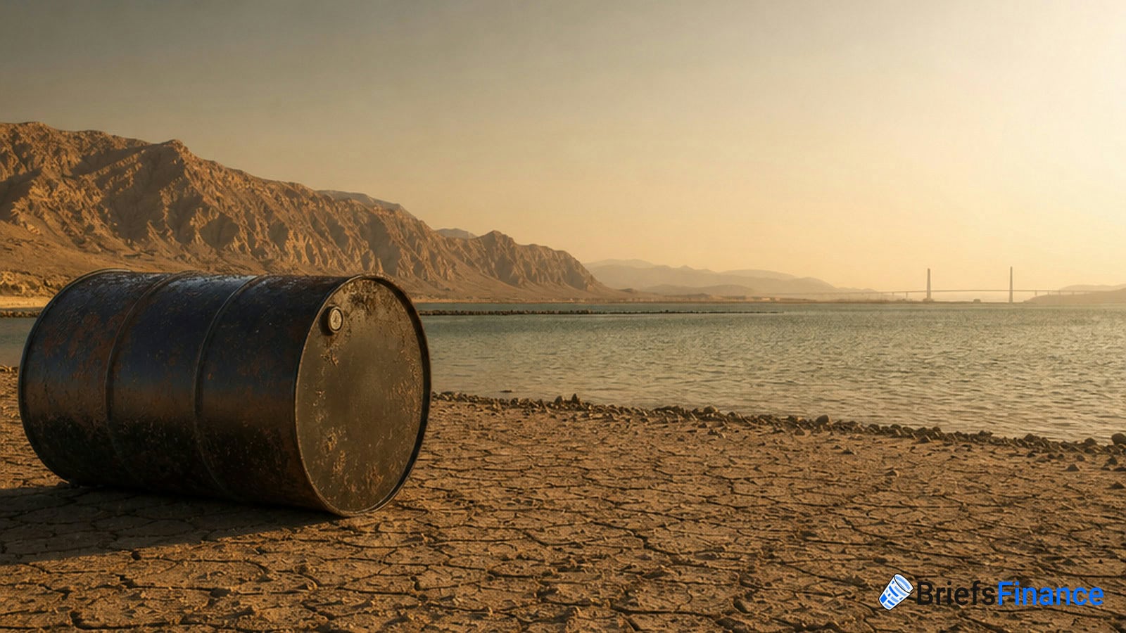 A large black oil barrel lies on cracked, dry ground near a body of water with mountains and a bridge visible in the distance under a hazy sky.