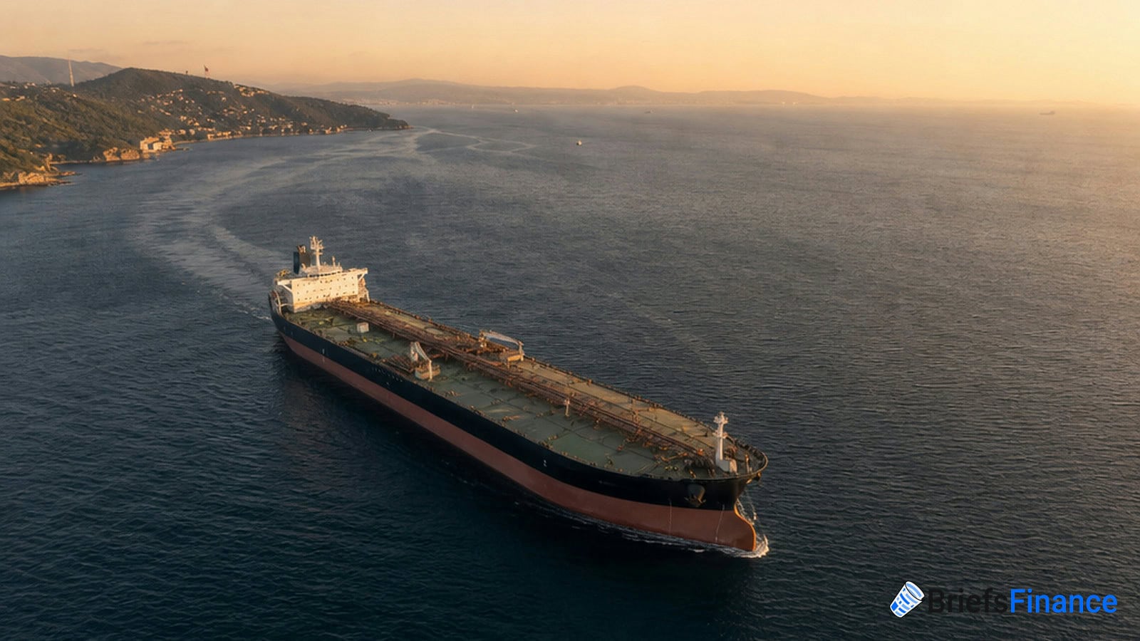 A large cargo ship sails through calm waters near a coastline at sunset, with hills and distant land visible in the background.