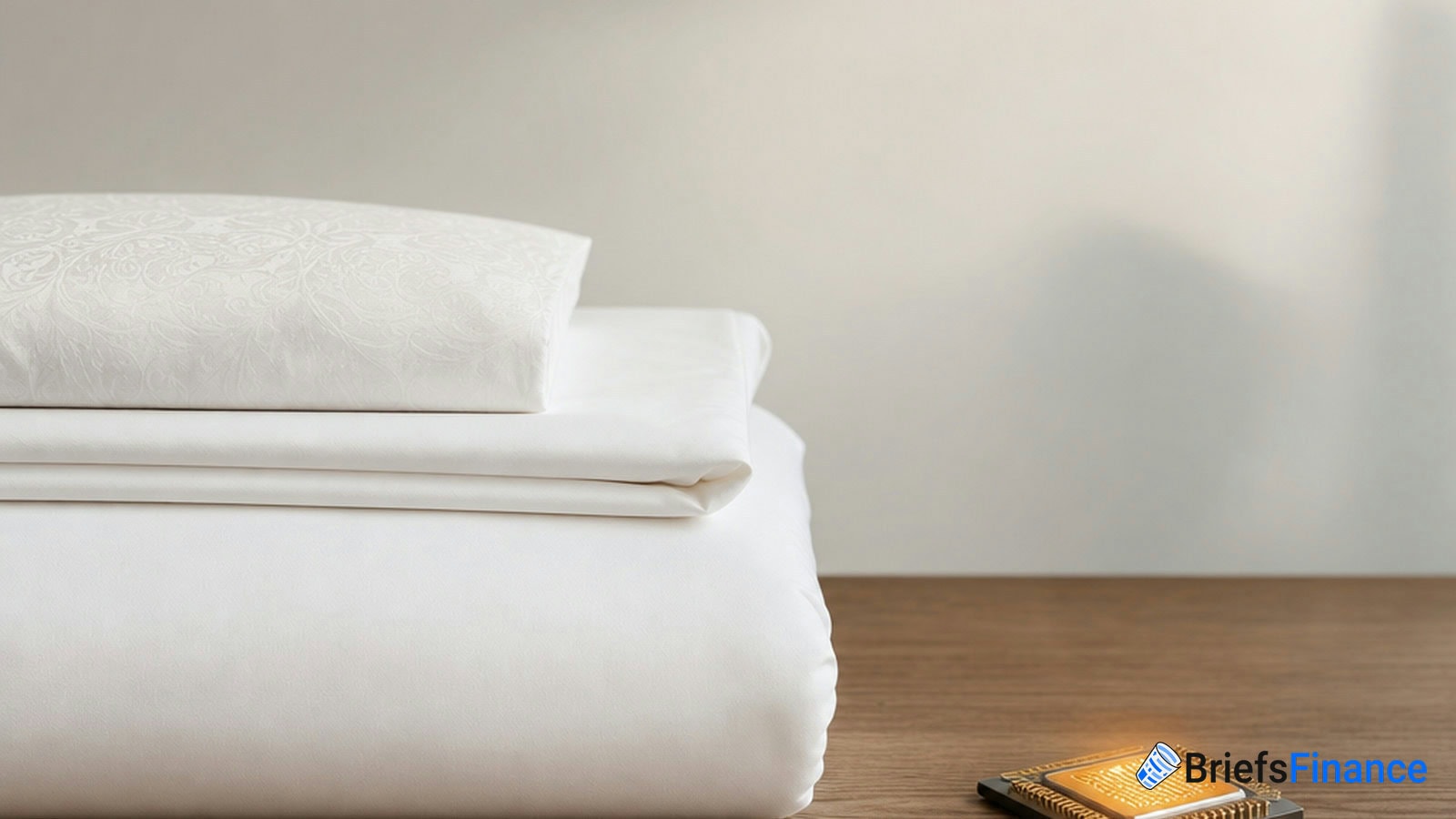A neatly folded white bedsheet set and pillowcase on a wooden surface, with a gold credit card partially visible at the bottom right.