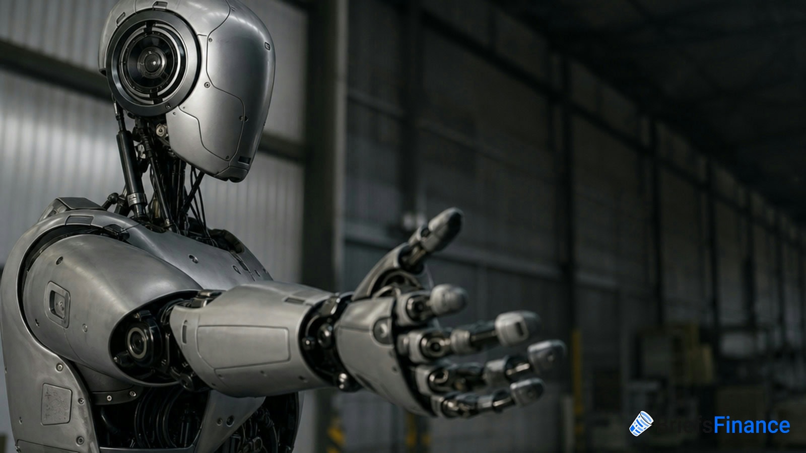 A humanoid robot with an outstretched hand stands in an industrial warehouse setting.