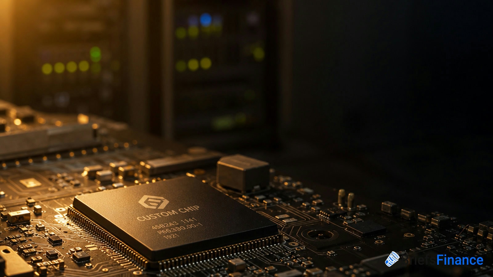 Close-up of a custom chip on a circuit board with blurred server racks in the background.