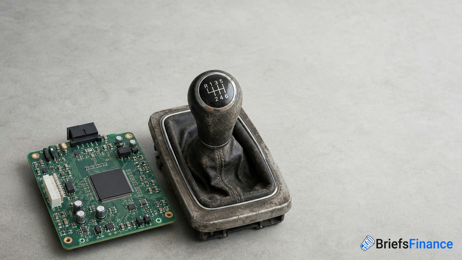 A car gear shift lever and an electronic circuit board are placed side by side on a gray surface, with a BriefsFinance logo in the corner.