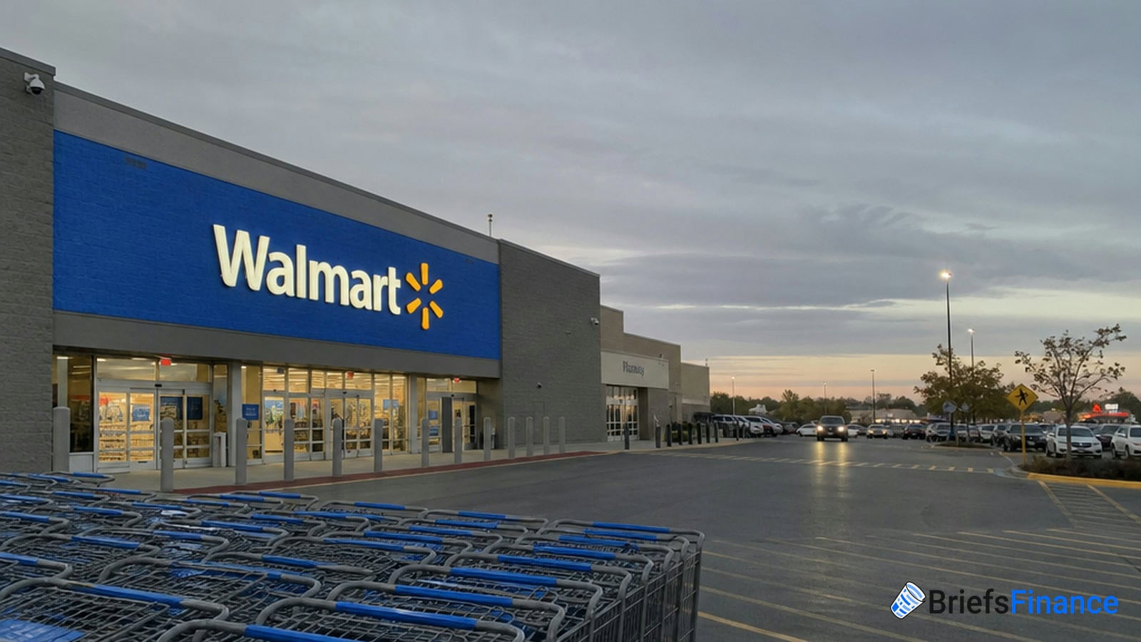 Walmart store exterior at dusk with shopping carts in the foreground and cars parked in the lot.