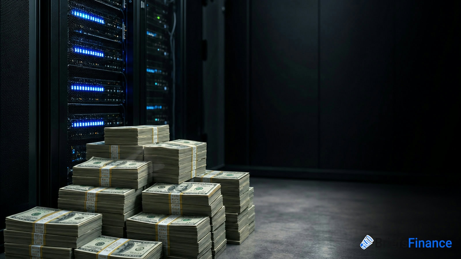 Stacks of U.S. dollar bills are placed on the floor next to server racks in a dimly lit data center.