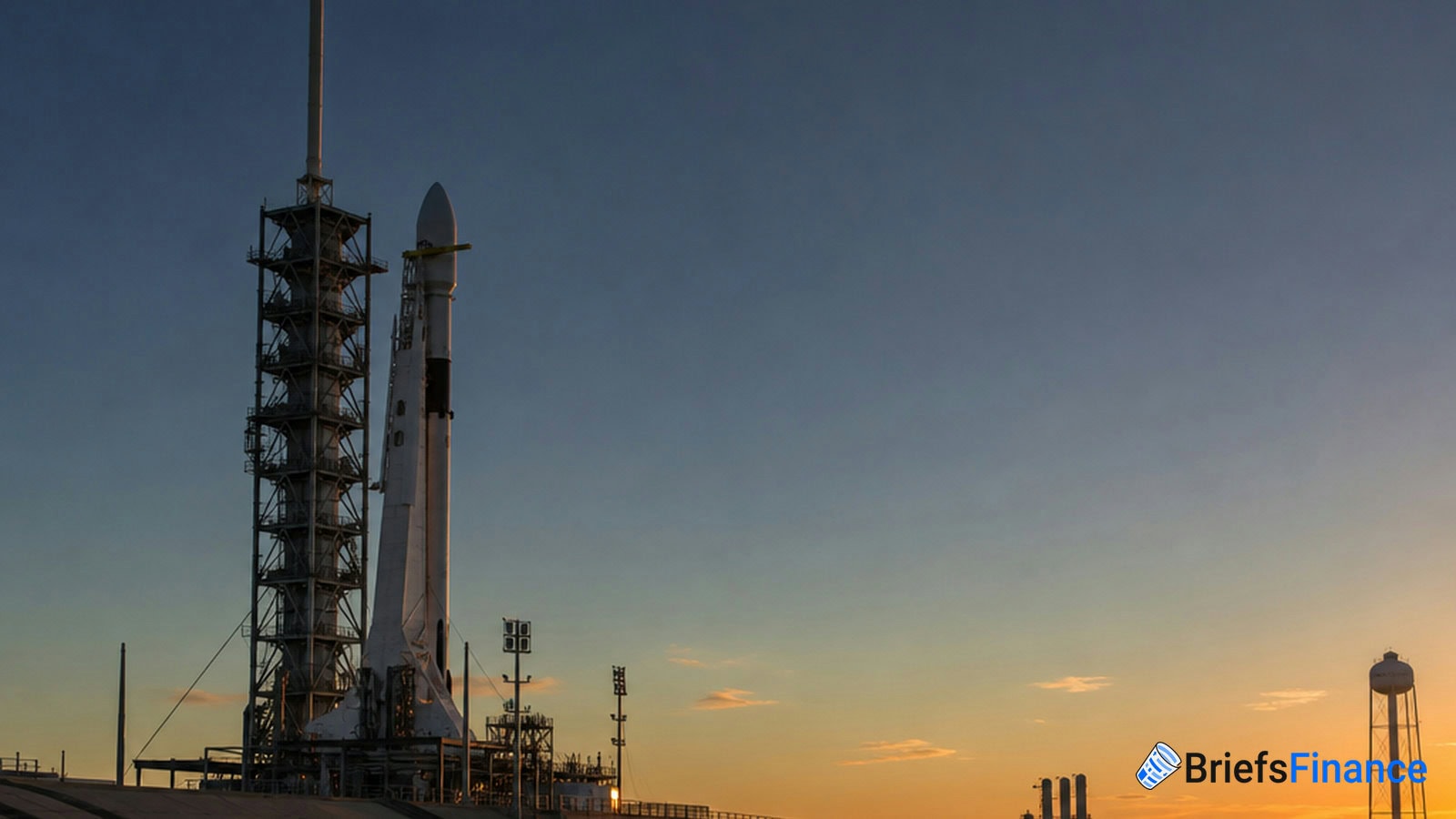 A rocket stands upright on a launch pad at sunset, with scaffolding beside it and the sky clear in the background.