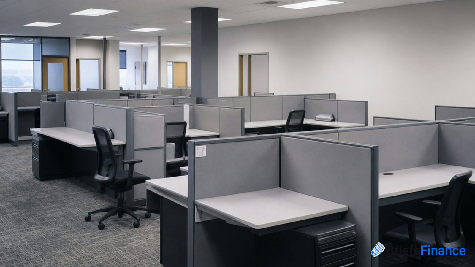 A modern office with empty gray cubicles, chairs, and desks arranged in rows under fluorescent lighting.