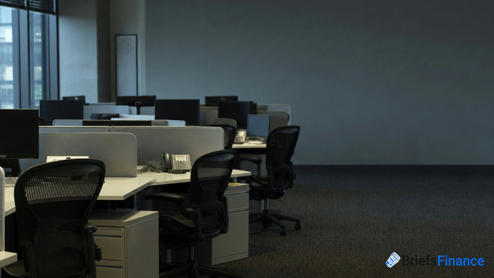 A row of empty office cubicles with chairs, computers, and phones in a dimly lit workspace. The Briefs Finance logo appears in the bottom right corner.