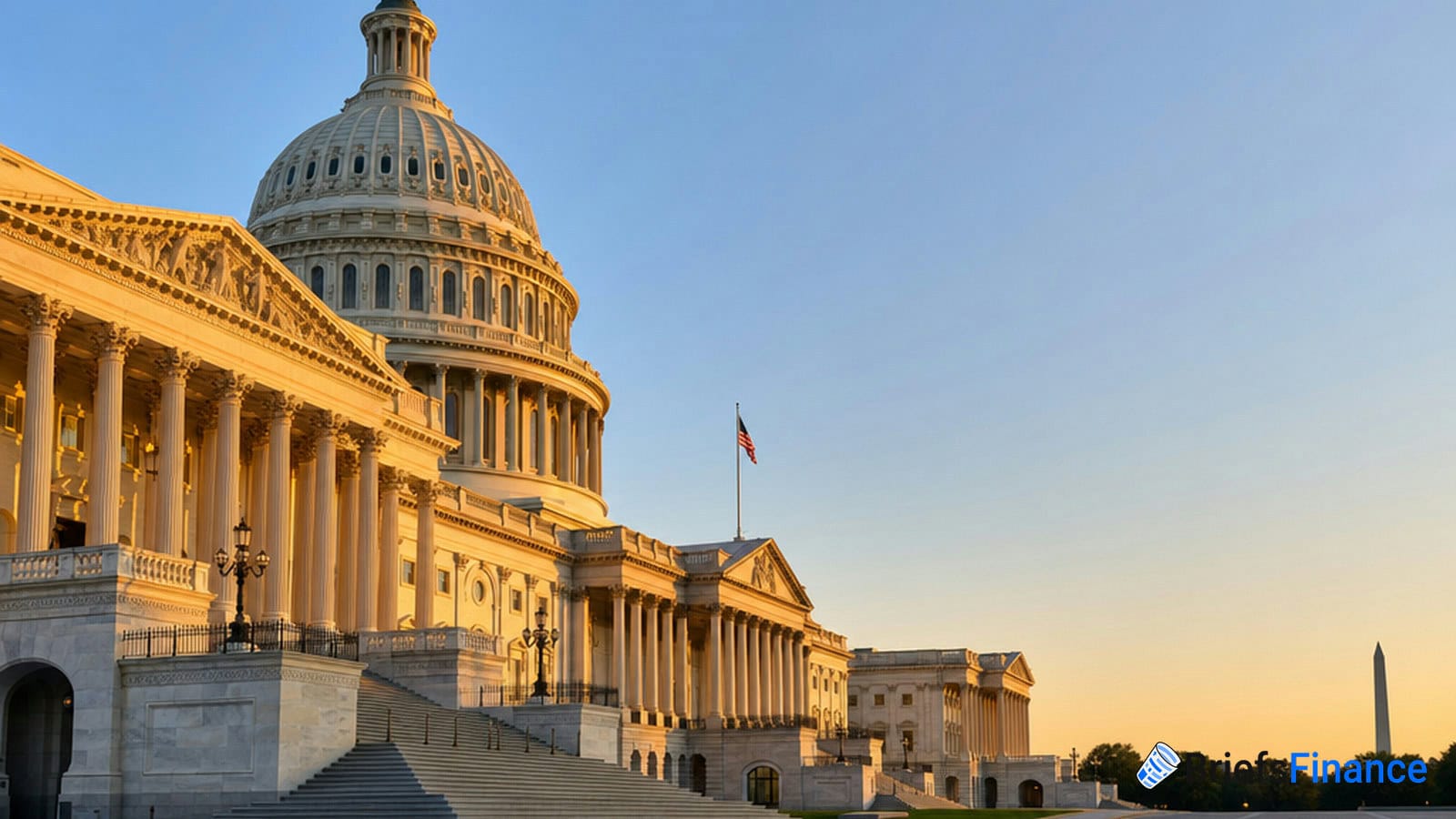 The United States Capitol building at sunrise, with the American flag flying and the Washington Monument visible in the distance.