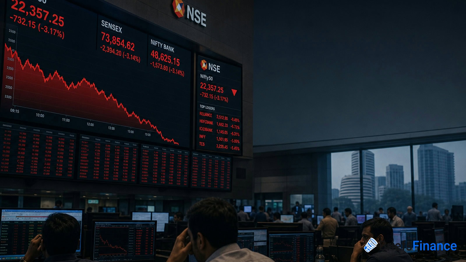 Large digital stock market boards display sharp declines in indices inside a busy trading room, with people working at computer stations and city buildings visible through the windows.
