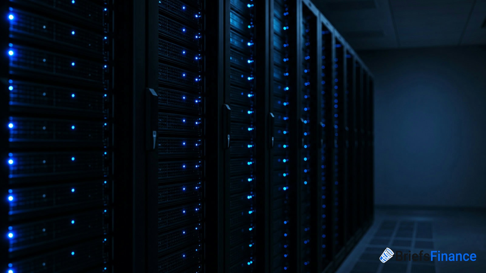 A row of illuminated server racks in a dimly lit data center, with blue indicator lights and the Brief Finance logo in the corner.