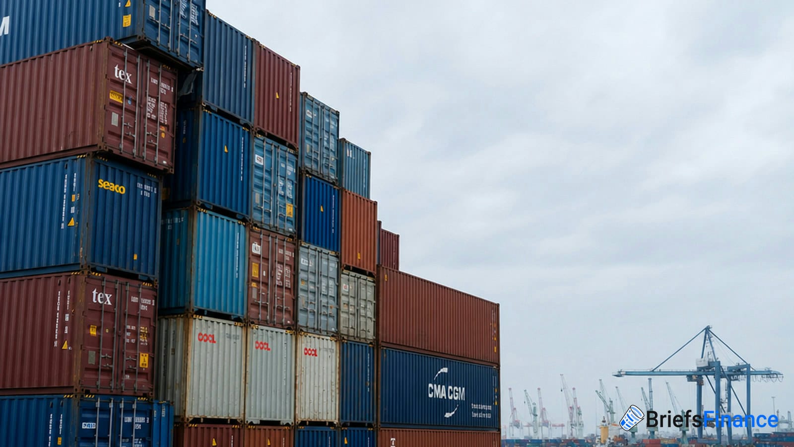 Stacks of shipping containers are arranged at a port, with cranes and more containers visible in the background under a cloudy sky.
