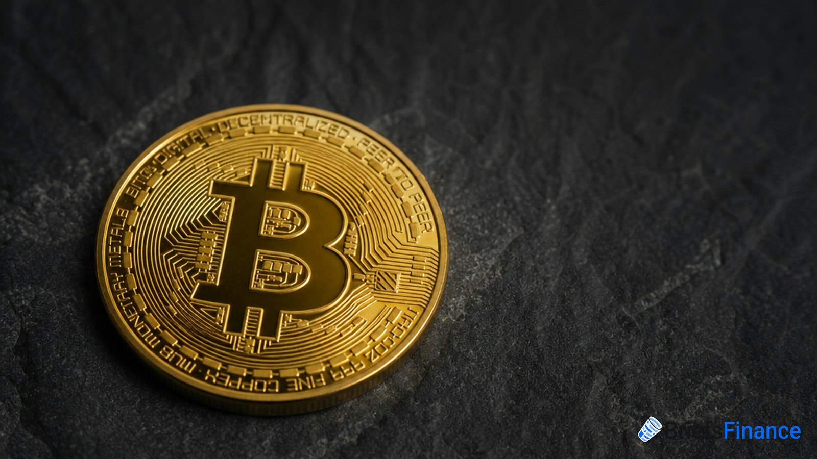 A gold-colored physical representation of a Bitcoin placed on a dark textured surface, with the word "Finance" in blue text at the lower right corner.
