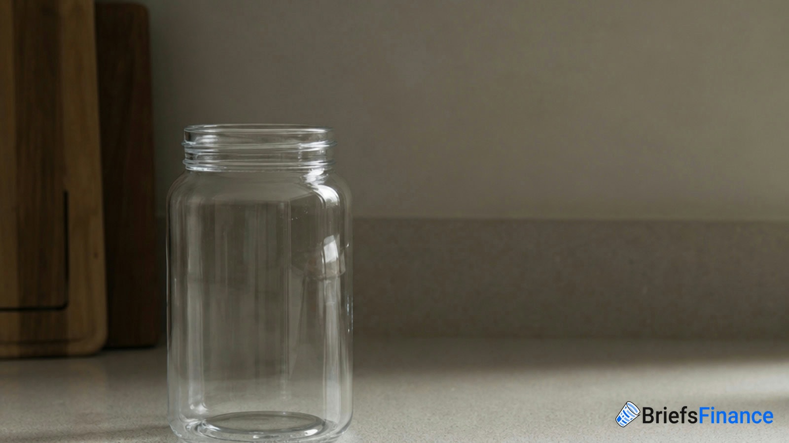 A clear, empty glass jar sits on a kitchen countertop near wooden cutting boards, with the BriefsFinance logo in the bottom right corner.