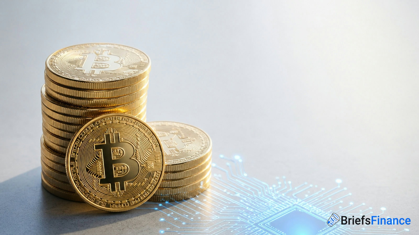 Stacked gold Bitcoins and a single Bitcoin coin are placed on a surface next to a digital circuit pattern, with a "BriefsFinance" logo in the corner.