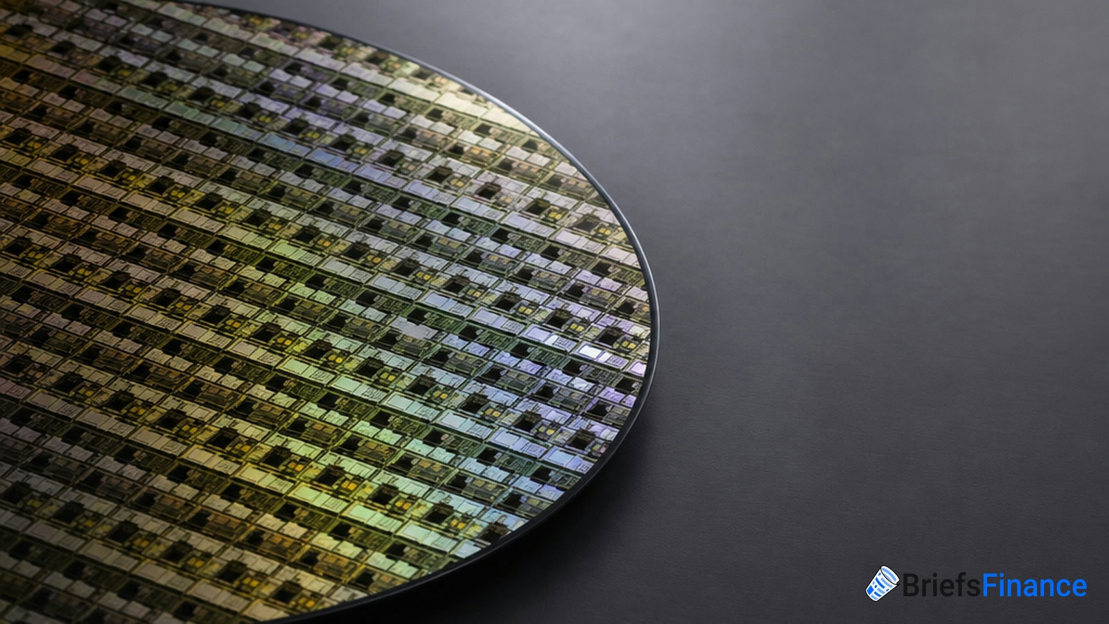 A close-up of a silicon wafer with multiple microchips on a dark surface, featuring the BriefsFinance logo in the bottom right corner.